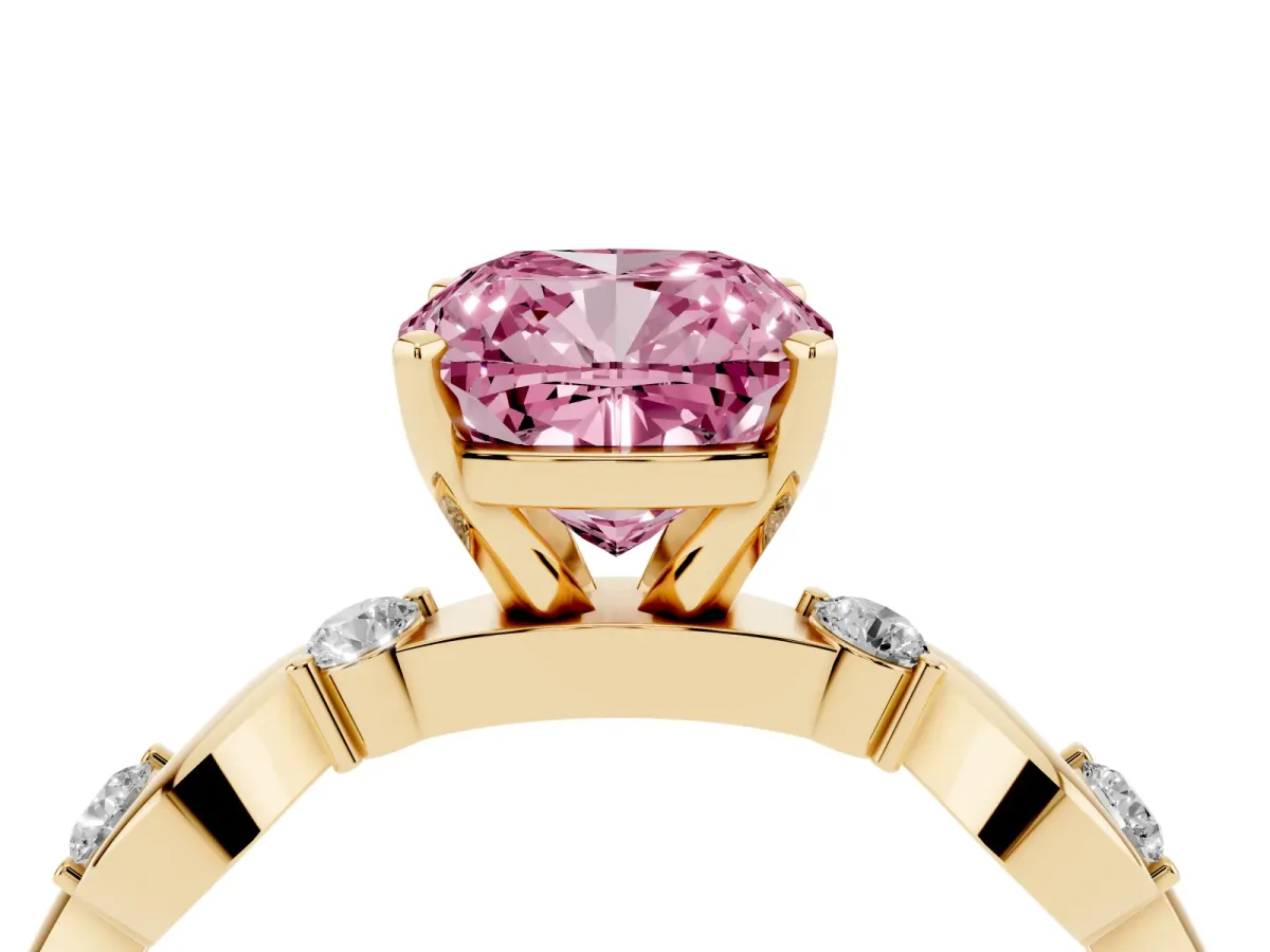Fancy Pink Cushion Cut Diamond Solitaire Twisted Band with Round Accents and Prong Setting Yellow gold