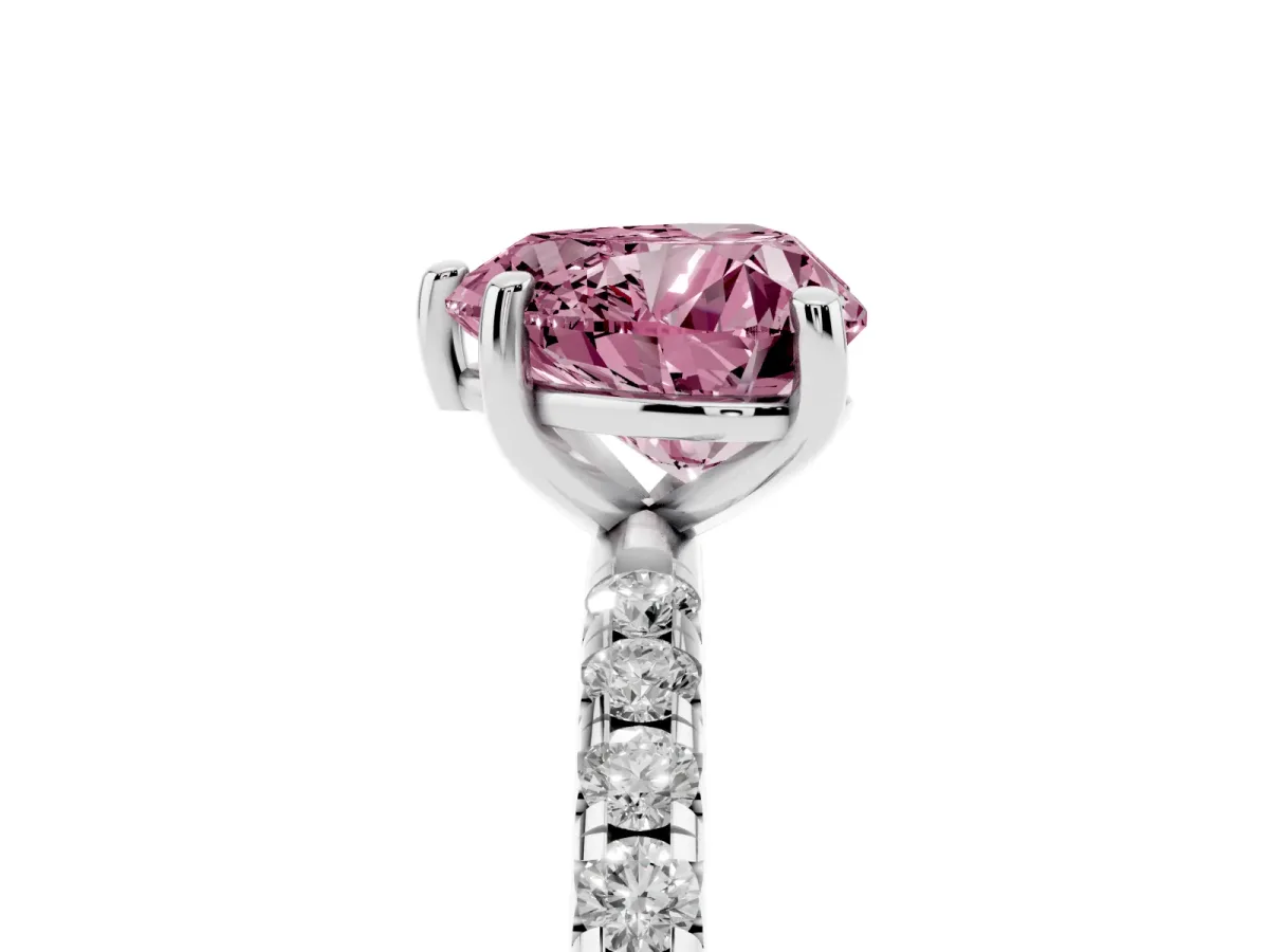 Fancy Pink Heart Cut Cut Diamond Solitaire Ring with Micro Pave Band and Four Prong Setting Platinum