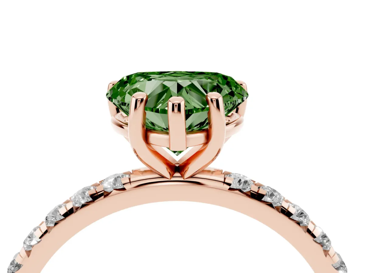 Fancy Green Heart Cut Cut Diamond Solitaire Ring with Micro Pave Band and Four Prong Setting Rose gold
