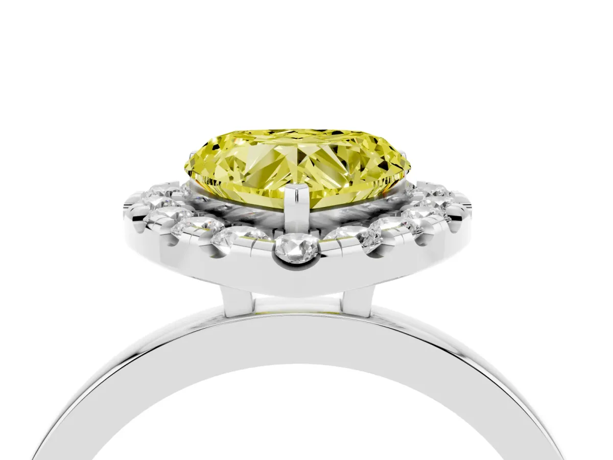 Fancy Yellow Heart Cut Halo Diamond Solitaire with Pavé Band and Four-Prong Setting White gold