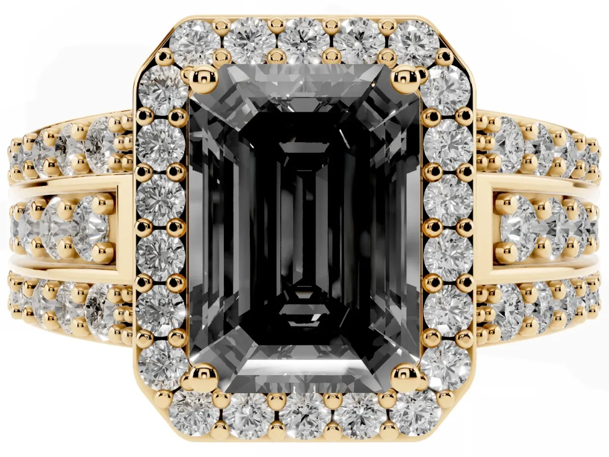 Fancy Black Emerald Cut Halo Diamond Ring with Round Split Shank and Prong Setting Yellow gold