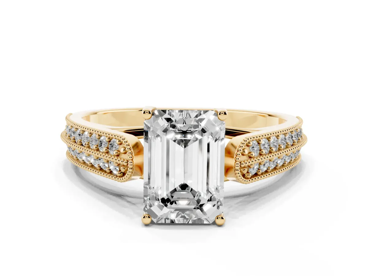 Emerald Cut Cut Pave Split Shank Engagement Ring with Four-Prong Setting Yellow gold
