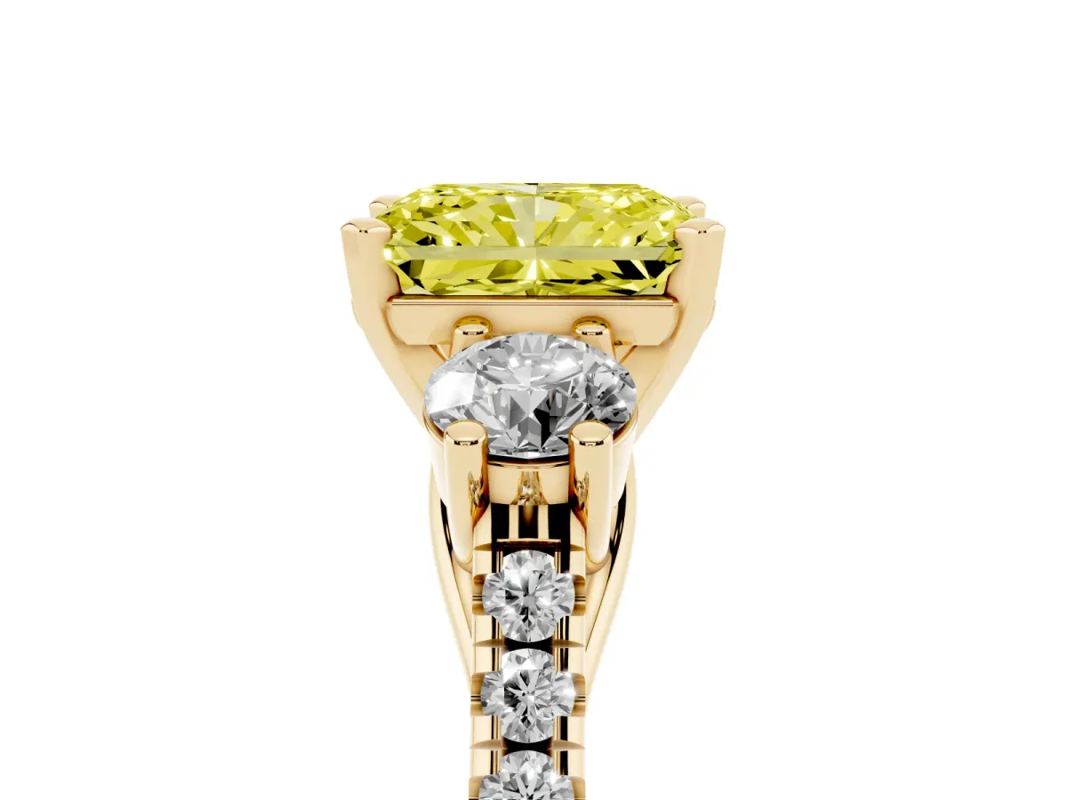 Fancy Yellow Three-Stone Radiant Cut Diamond Pavé Band with Four-Prong Setting Yellow gold