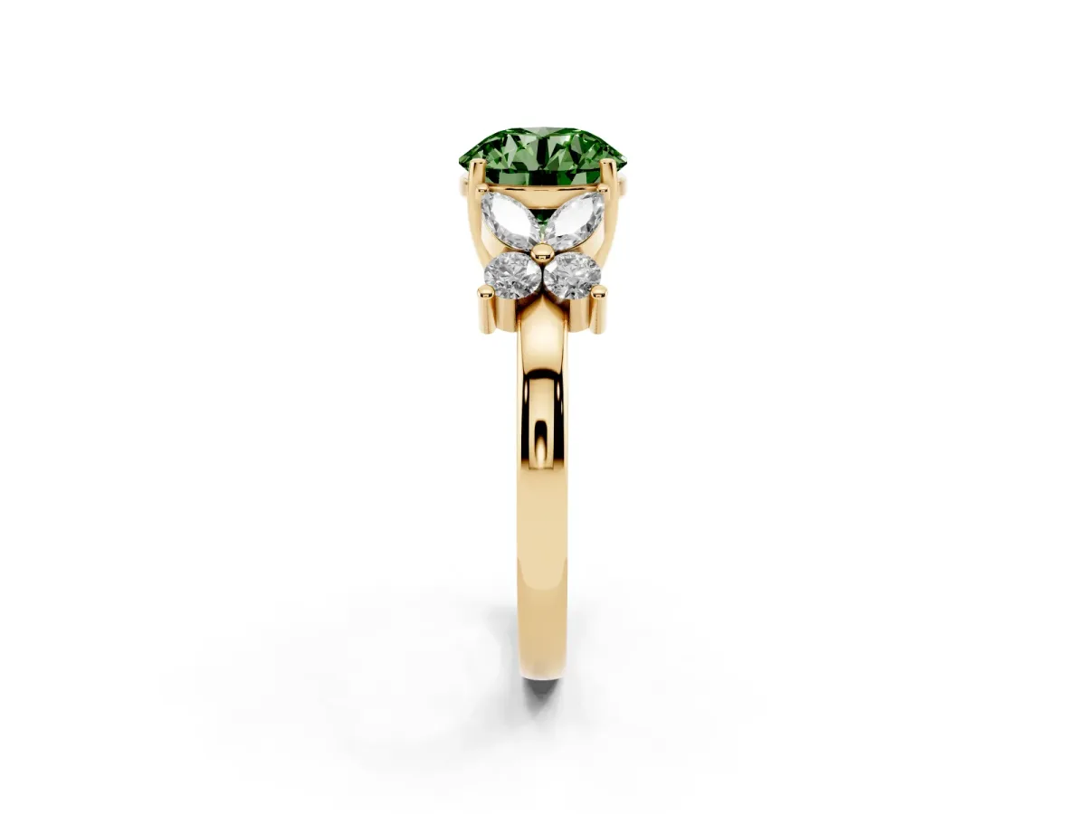 Fancy Green Round Cut Diamond Floral Cluster Ring with Solitaire Band and Prong Setting Yellow gold
