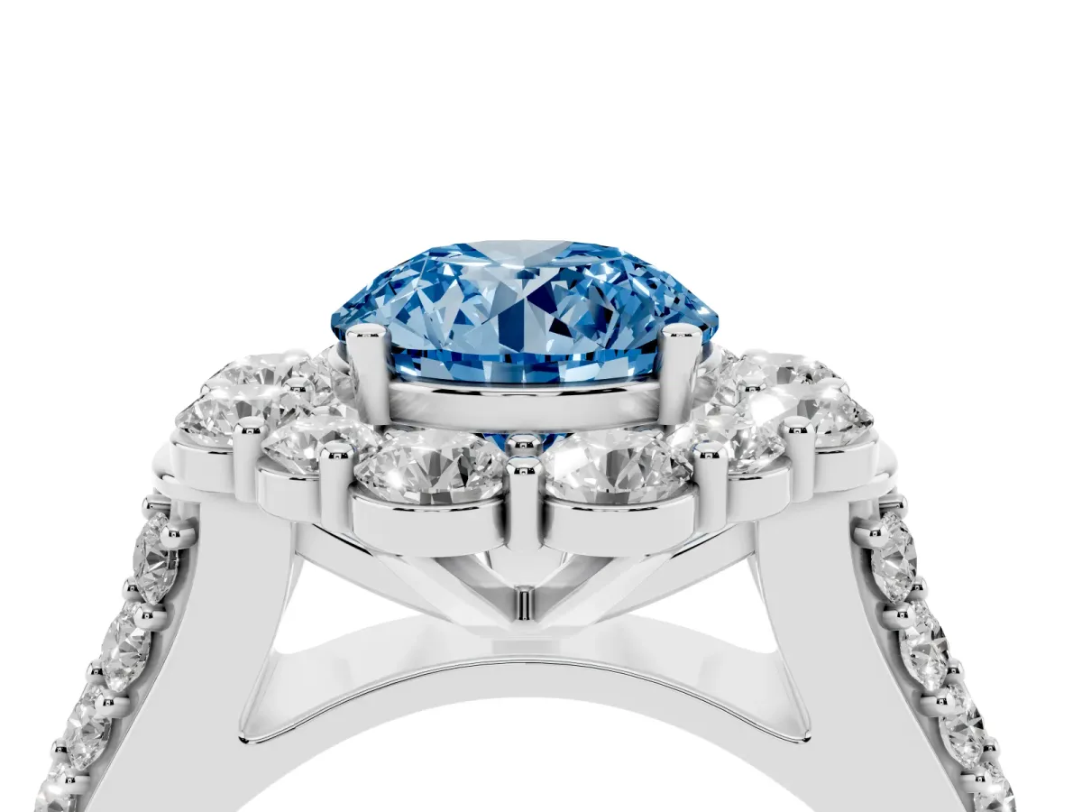 Fancy Blue Round Cut Halo Diamond Engagement Ring with Split Shank and Prong Setting Silver