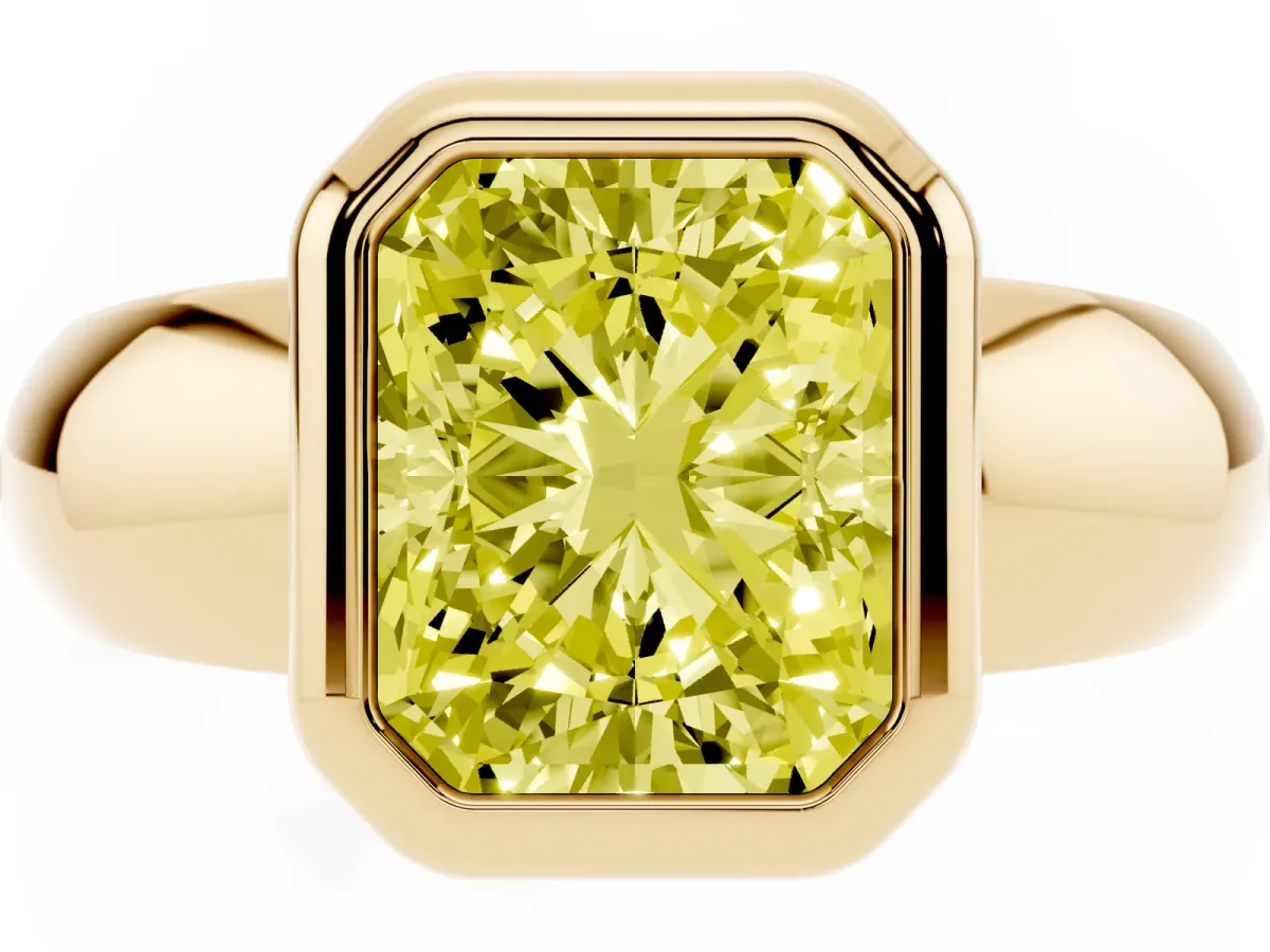Fancy Yellow Bezel Set Radiant Cut Solitaire Ring with Wide Band Yellow gold