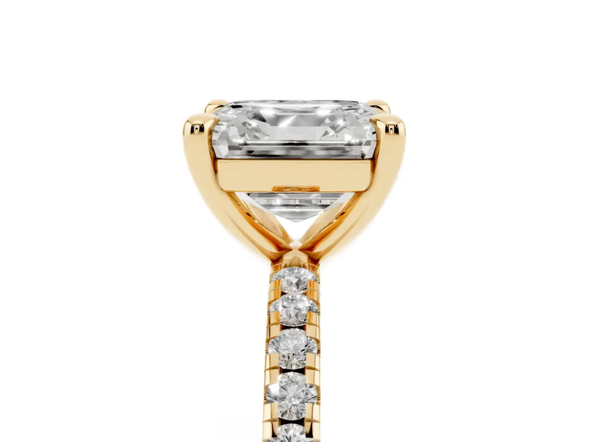 Asscher Cut Diamond Brilliant Solitaire Ring with Pavé Band and Four-Prong Setting Yellow gold