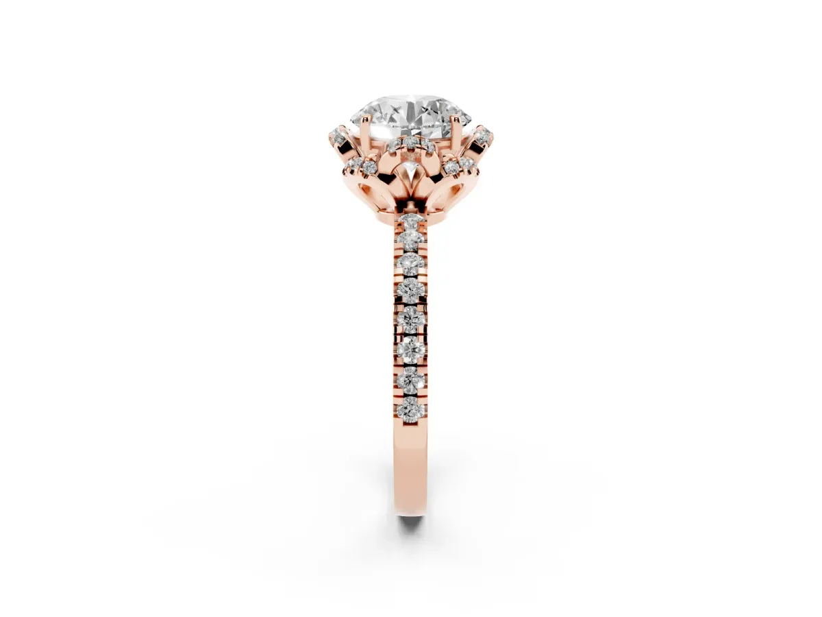 Round Cut Diamond Halo Pave Band with Four-Prong Setting Rose gold