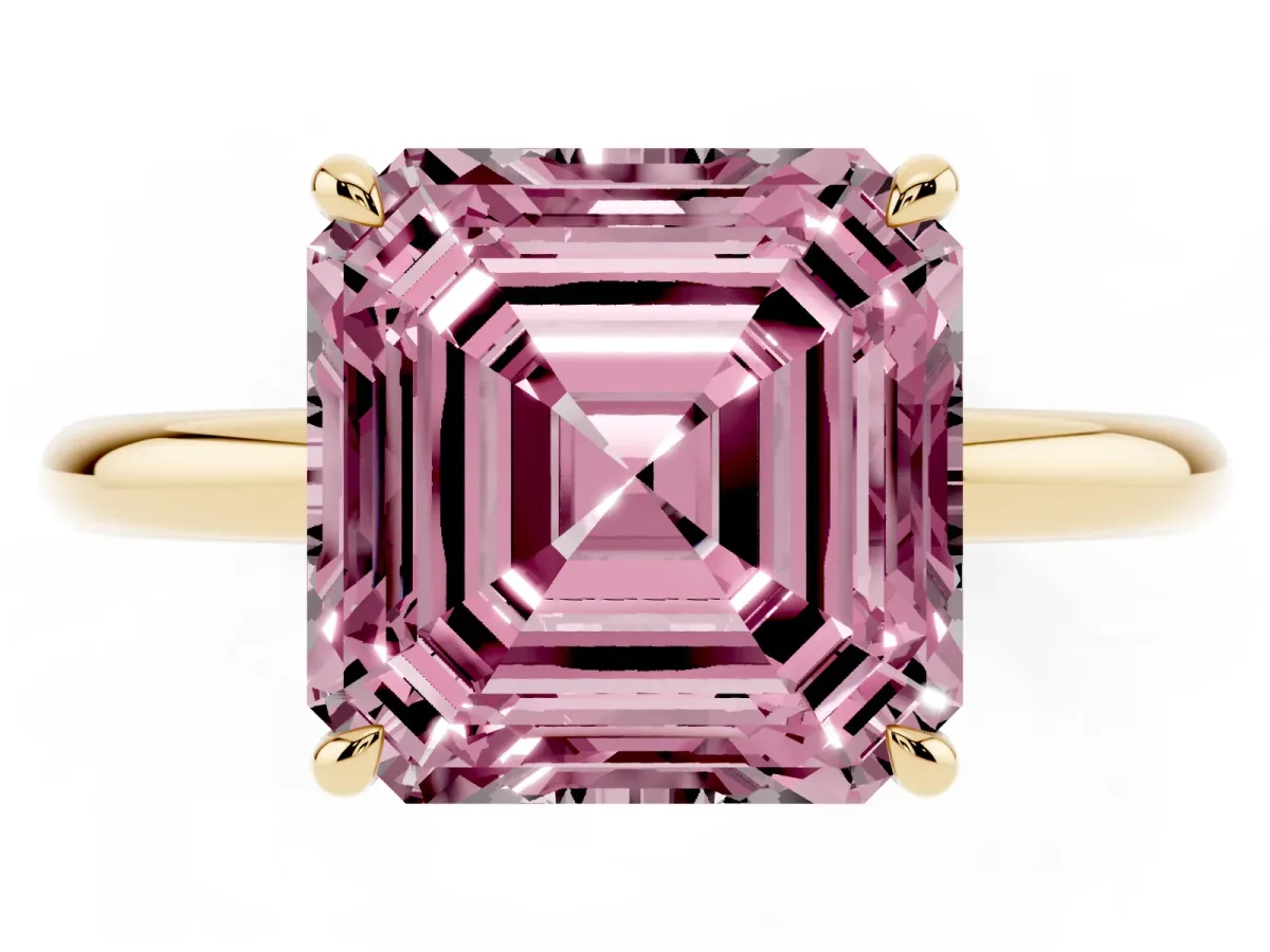 Fancy Pink Asscher Cut Diamond Solitaire Ring with Thin Band and Four-Prong Setting Yellow gold