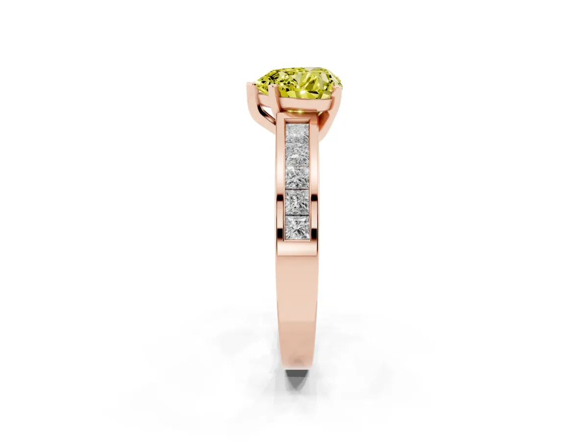 Fancy Yellow Heart Cut Solitaire Diamond Ring with Channel-Set Band and Four-Prong Setting Rose gold