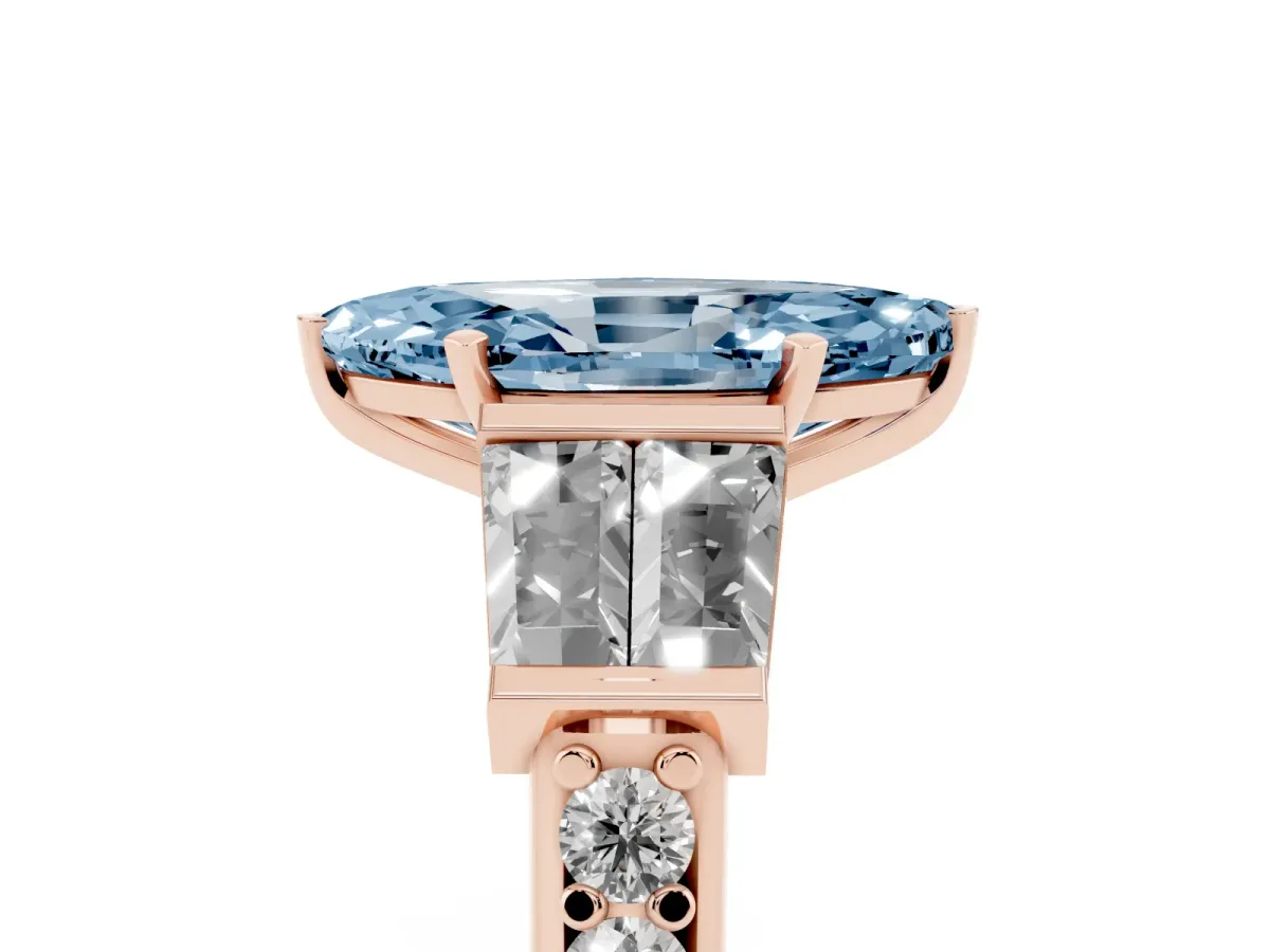 Fancy Blue Marquise Cut Diamond Engagement Ring with Baguette Side Stones and Channel Set Band Rose gold