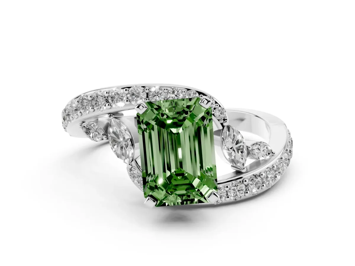 Fancy Green Emerald Cut Solitaire with Pavé Twist Band and Four-Prong Setting Silver