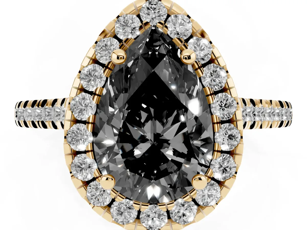 Fancy Black Pear Cut Diamond Cushion Halo Ring with Pavé Band Yellow gold
