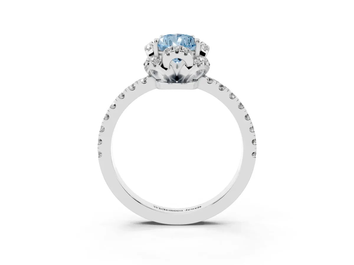 Fancy Blue Pear Cut Halo Diamond Pave Band Ring with Four-Prong Setting Silver
