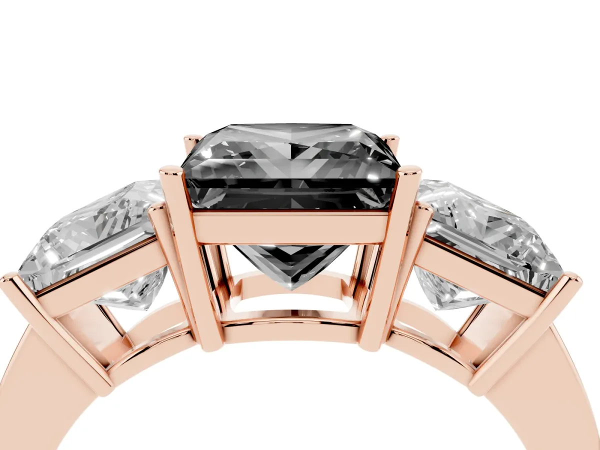 Fancy Black Three-Stone Princess Cut Cut Diamond Engagement Ring with Flat Band and Four-Prong Setting Rose gold