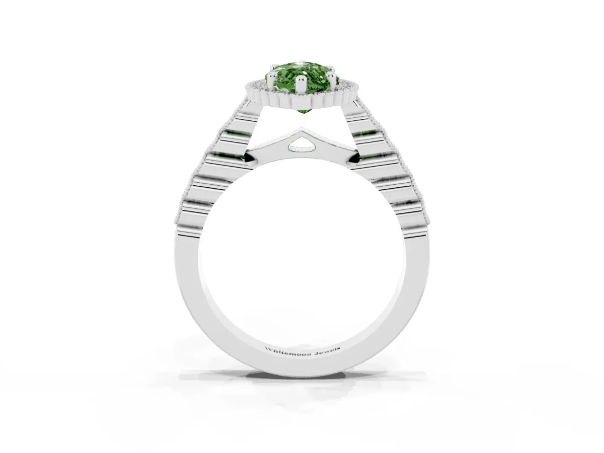 Fancy Green Marquise Cut Cut Halo Pavé Solitaire Ring with Milgrain Band Silver