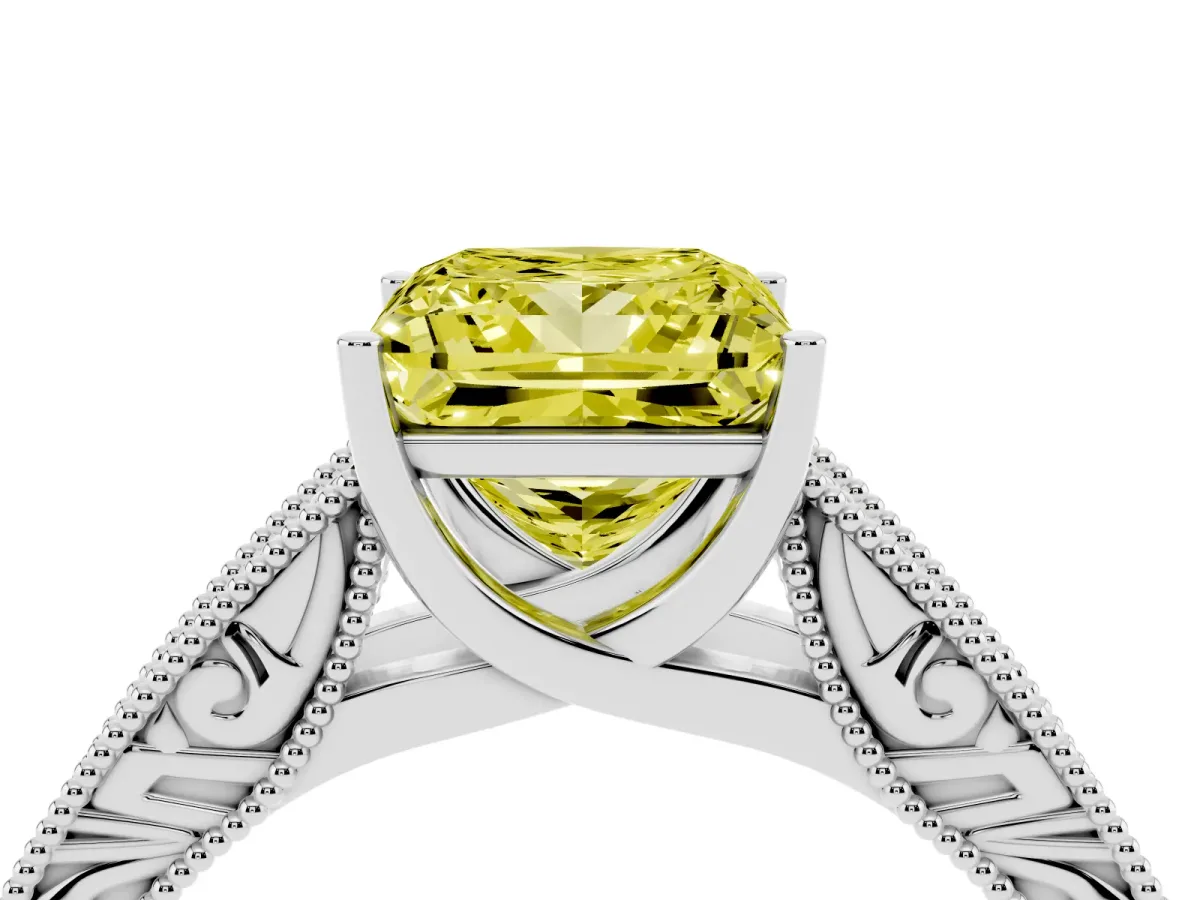 Fancy Yellow Princess Cut Diamond Solitaire Ring with Engraved Band and Four-Prong Setting Silver