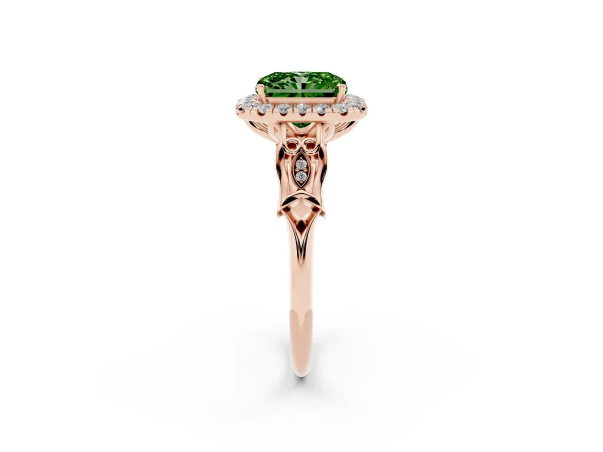 Fancy Green Radiant Cut Halo Diamond Engagement Ring with Filigree Band and Four-Prong Setting Rose gold