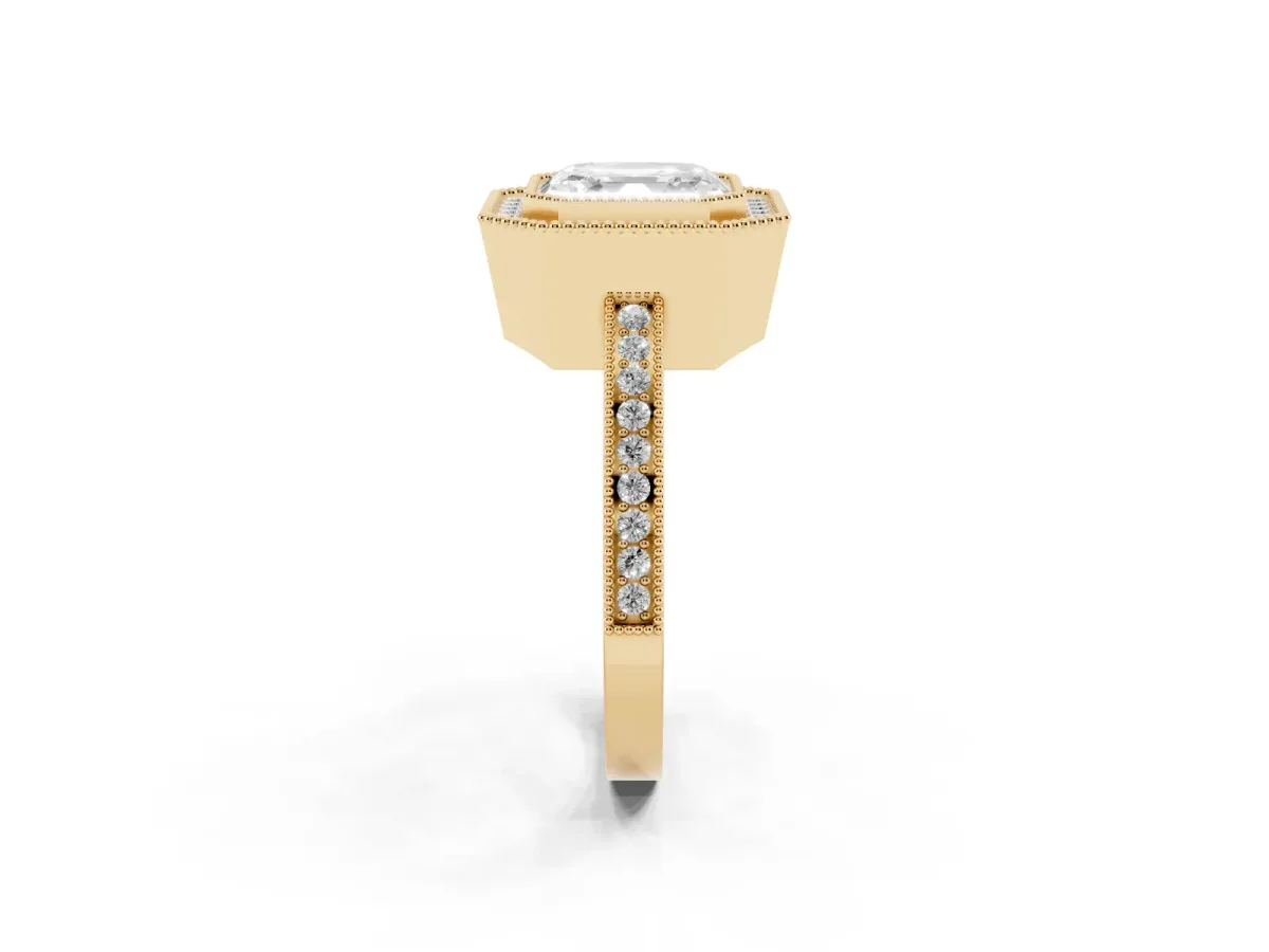 Asscher Cut Cut Halo Diamond Ring with Pavé Band and Milgrain Prong Setting Yellow gold