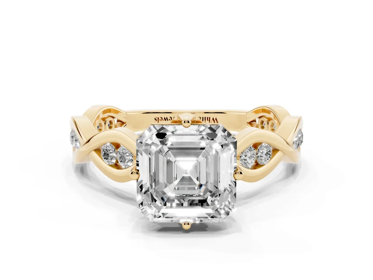 Asscher Cut Solitaire Twist Band with Leaf Prong Setting Yellow gold