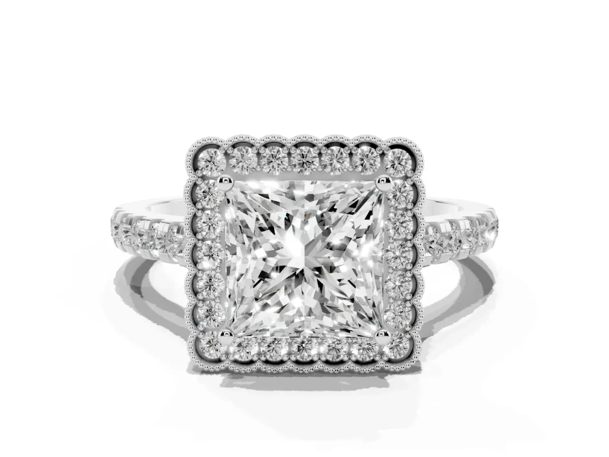 Princess Cut Cut Diamond Milgrain Floral Halo Engagement Ring with Pavé Band Silver