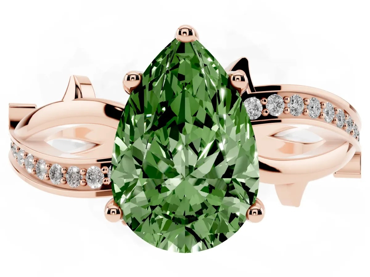 Fancy Green Pear Cut Solitaire Twist Band with Pavé Accents and Four-Prong Setting Rose gold