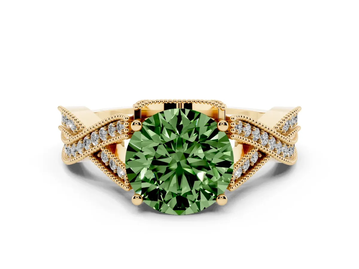 Fancy Green Round Cut Cut Diamond Twisted Band with Milgrain Pave Setting and Four-Prong Setting Yellow gold