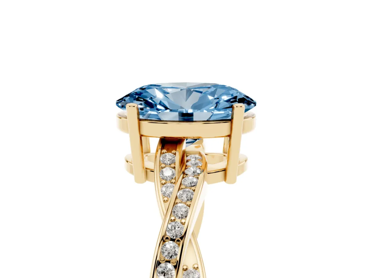 Fancy Blue Oval Cut Solitaire Twisted Pave Diamond Ring with Four-Prong Setting Yellow gold