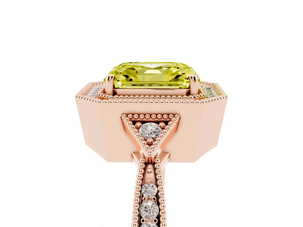 Fancy Yellow Asscher Cut Halo Round Diamond Milgrain Pave Engagement Ring Rose gold
