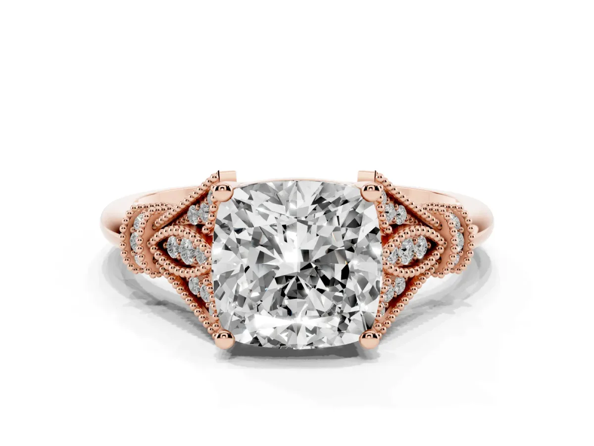 Cushion Cut Diamond Solitaire Ring with Floral Filigree and Pave Accents Rose gold