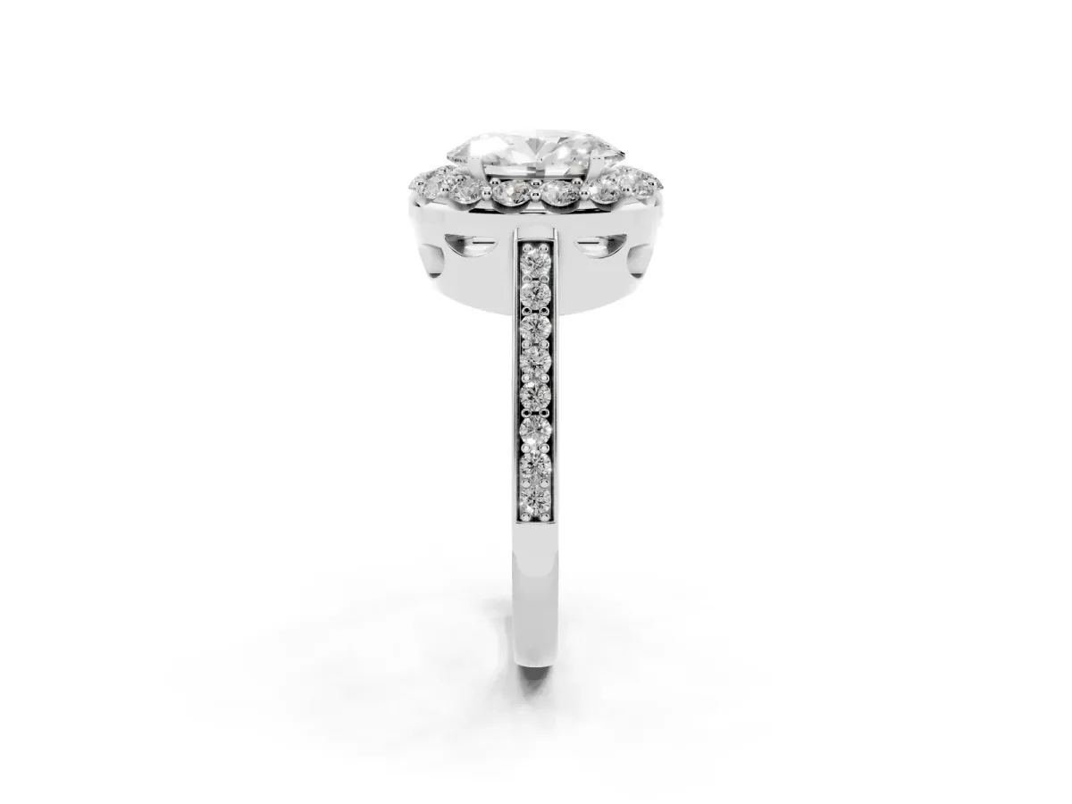 Oval Cut Diamond Floral Halo Ring with Pavé Band and Prong Setting Platinum