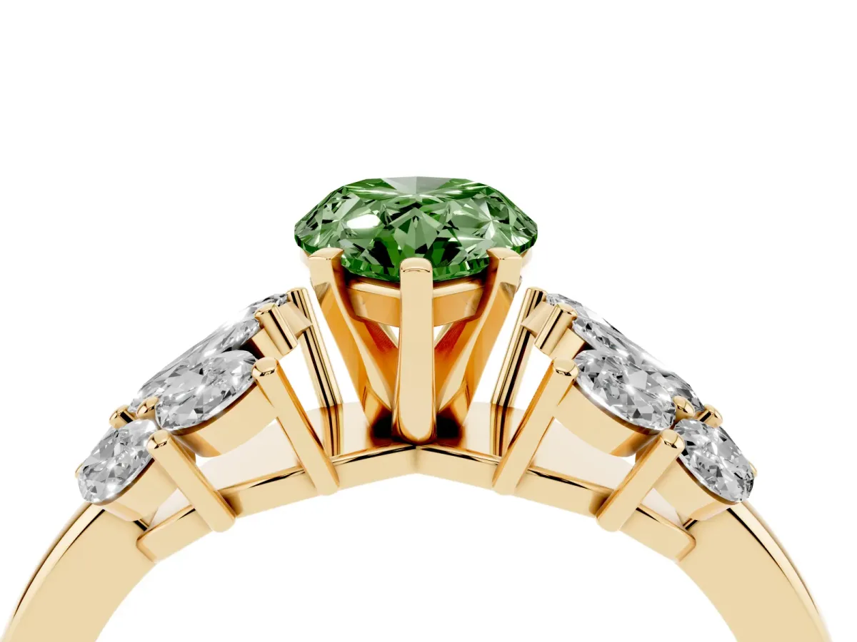 Fancy Green Pear Cut Diamond Cluster Leaf Design Ring with Prong Setting Yellow gold