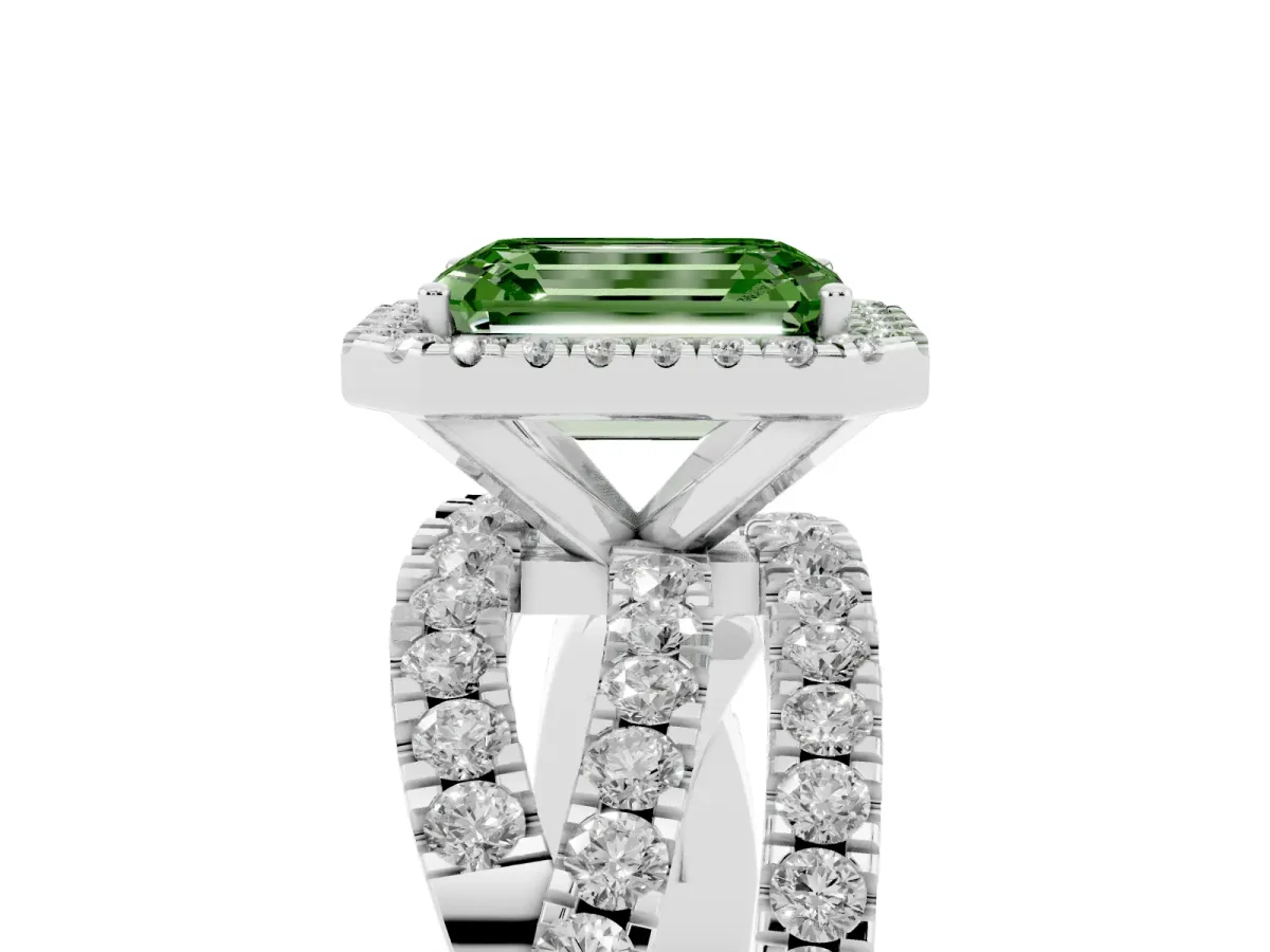 Fancy Green Emerald Cut Diamond Halo Ring with Round Split Shank and Prong Setting Silver