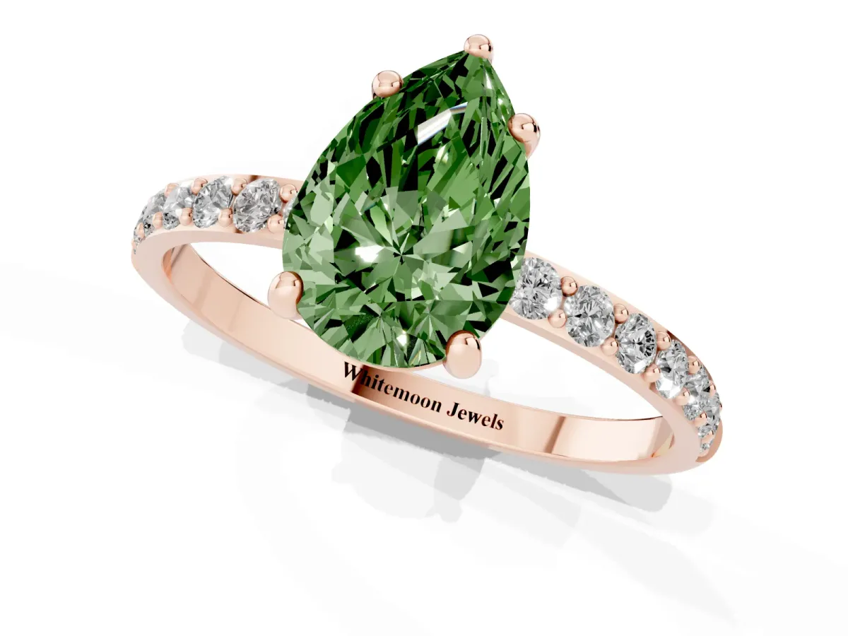 Fancy Green Pear Cut Diamond Solitaire Ring with Round Pavé Band and Prong Setting Rose gold