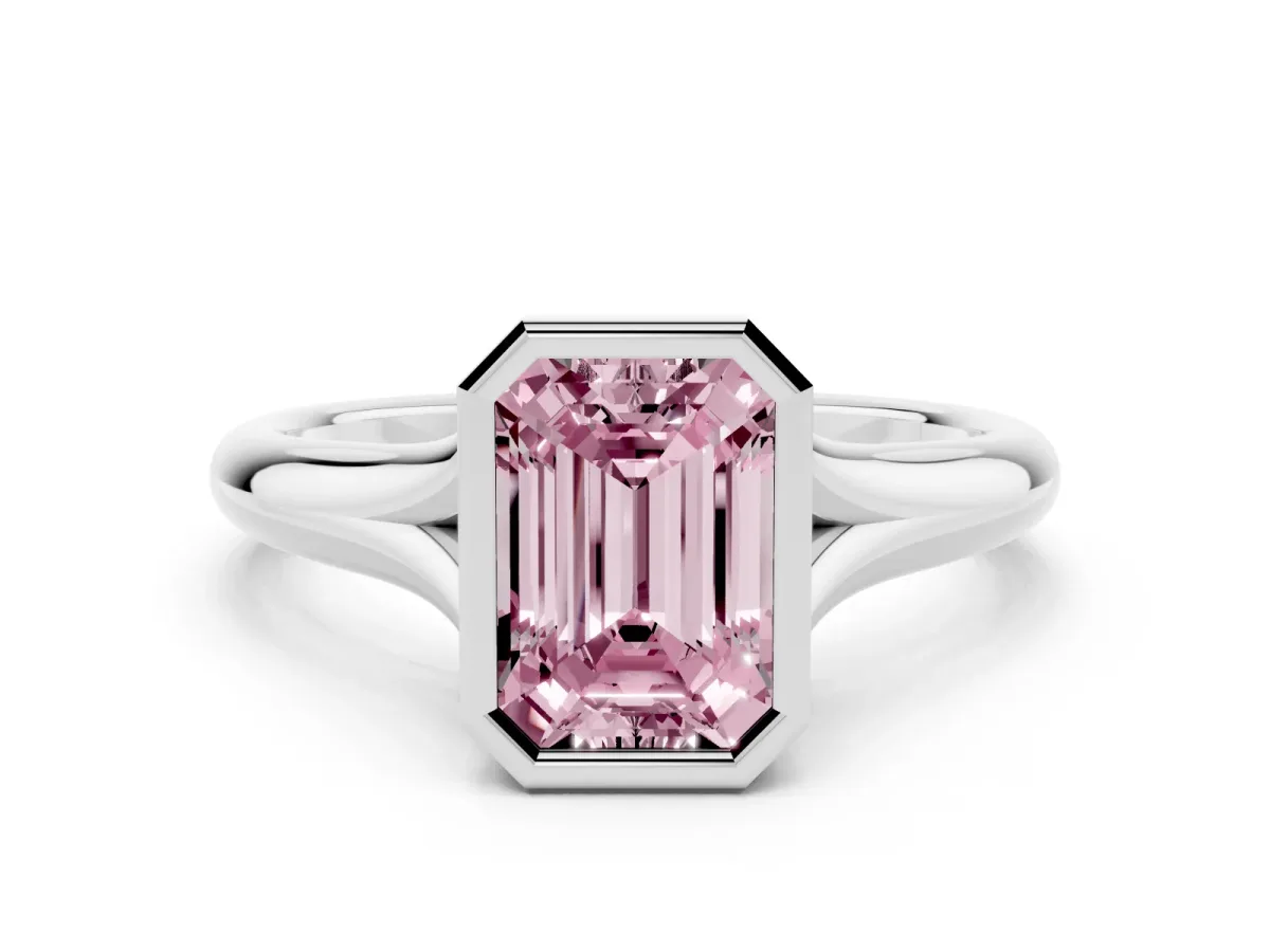 Fancy Pink Bezel Set Emerald Cut Solitaire Diamond Ring with Smooth Band Silver
