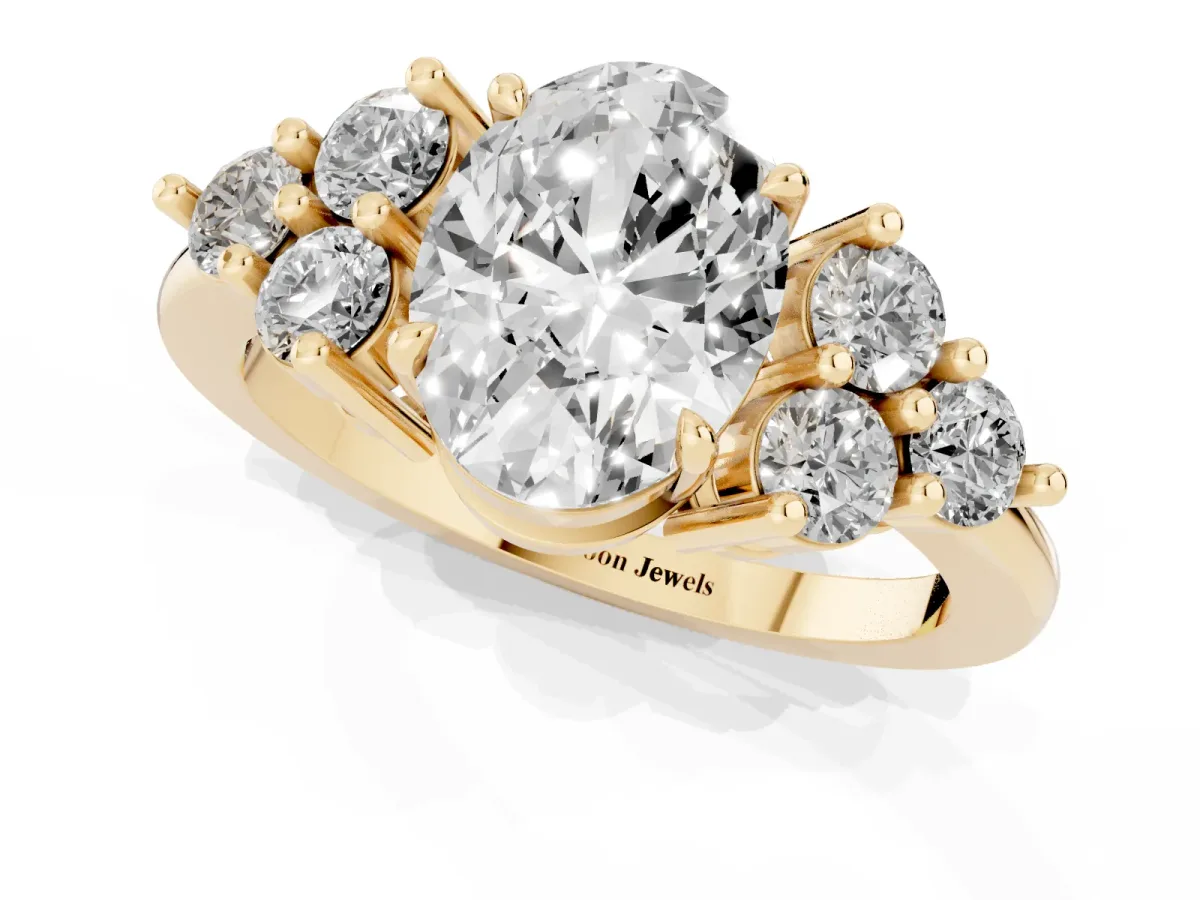 Oval Cut Brilliant Diamond Cluster Accent Solitaire Ring with Prong Setting Yellow gold