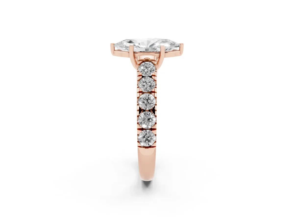 Marquise Cut Cut Diamond Solitaire Ring with Micro Pave Band and Prong Setting Rose gold