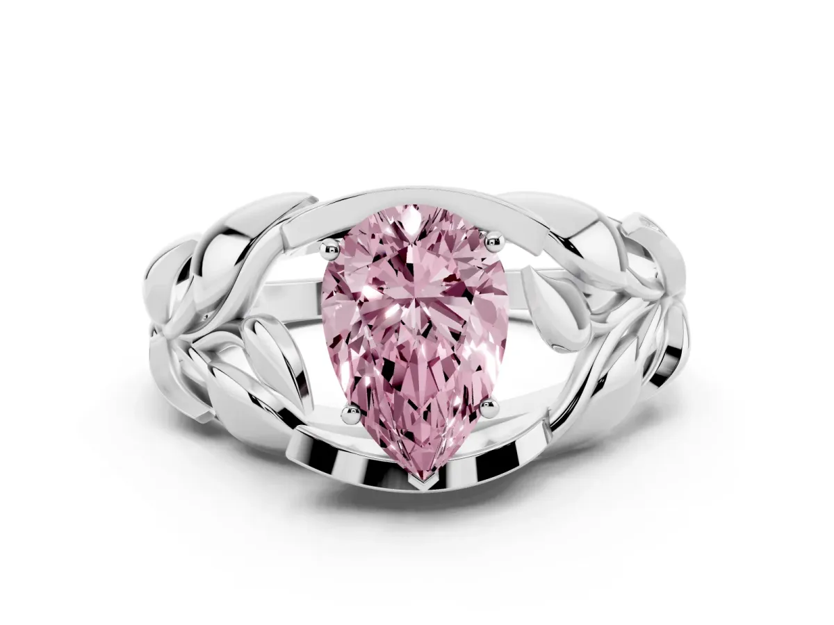 Fancy Pink Pear Cut Diamond Leaf-Inspired Engagement Ring with Round Accents and Prong Setting Platinum