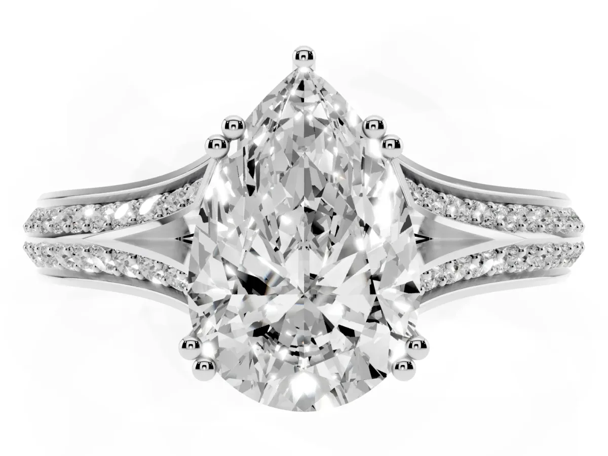 Pear Cut Diamond Split Shank Engagement Ring with Pavé Band Silver