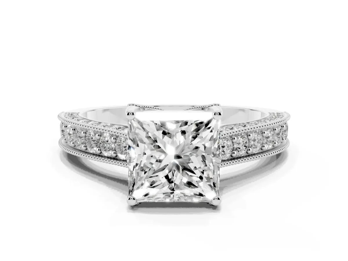 Princess Cut Cut Diamond Solitaire Ring with Milgrain Pave Band and Four Prong Setting Silver