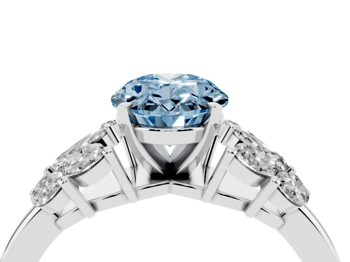 Fancy Blue Oval Cut Diamond Cluster Leaf Design Ring with Prong Setting Silver