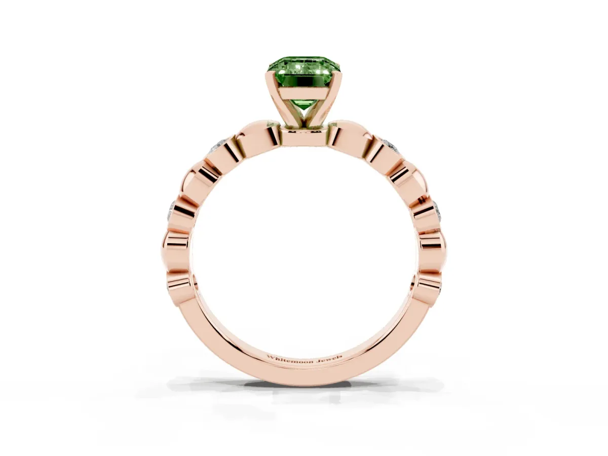 Fancy Green Emerald Cut Solitaire Bezel-Set Diamond Ring with Beaded Band and Four-Prong Setting Rose gold