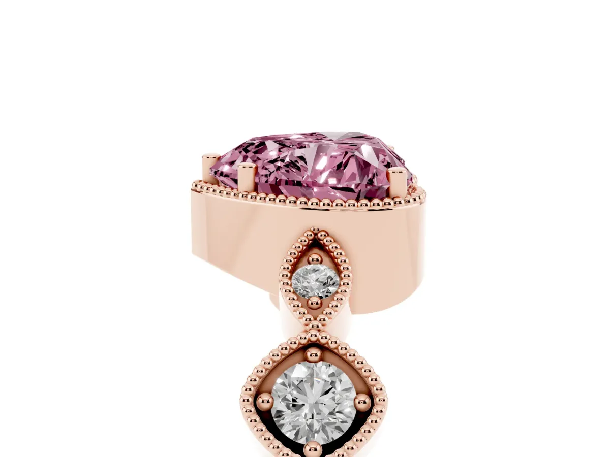 Fancy Pink Heart Cut Diamond Vintage Milgrain Ring with Round Stations Rose gold