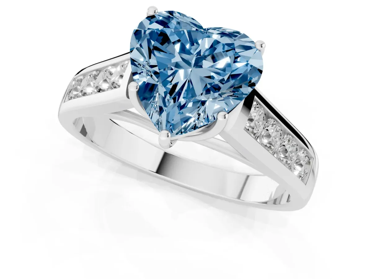 Fancy Blue Heart Cut Solitaire Channel-Set Diamond Engagement Ring with Four-Prong Setting Platinum