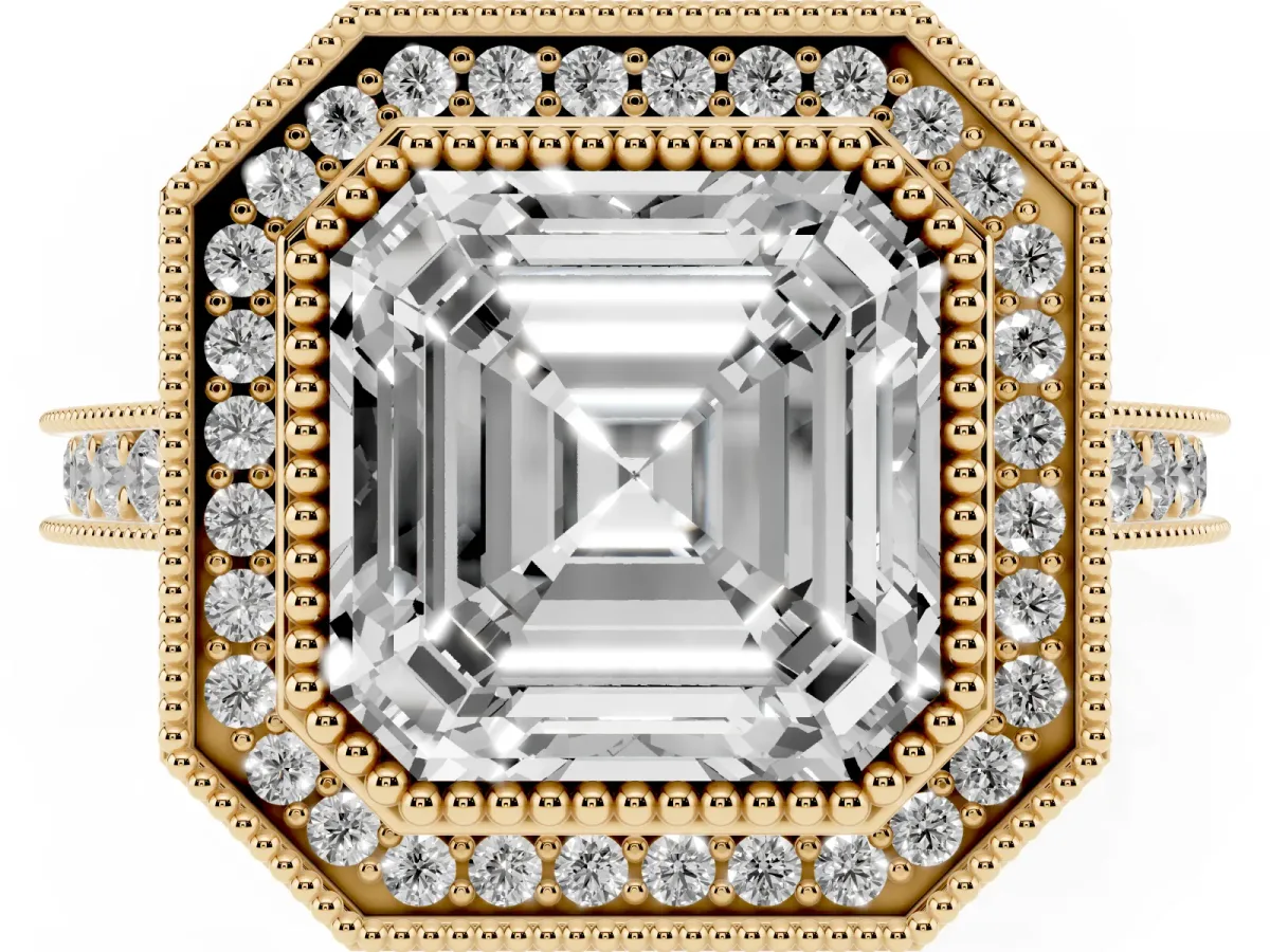 Halo Asscher Cut-Cut Diamond Pave Band Milgrain Prong Setting Ring Yellow gold
