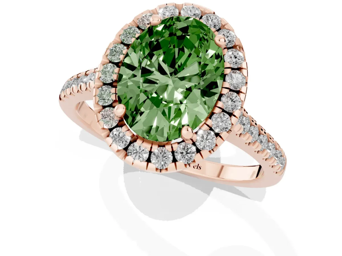 Fancy Green Oval Cut Diamond Cushion Halo Ring with Pavé Band Rose gold