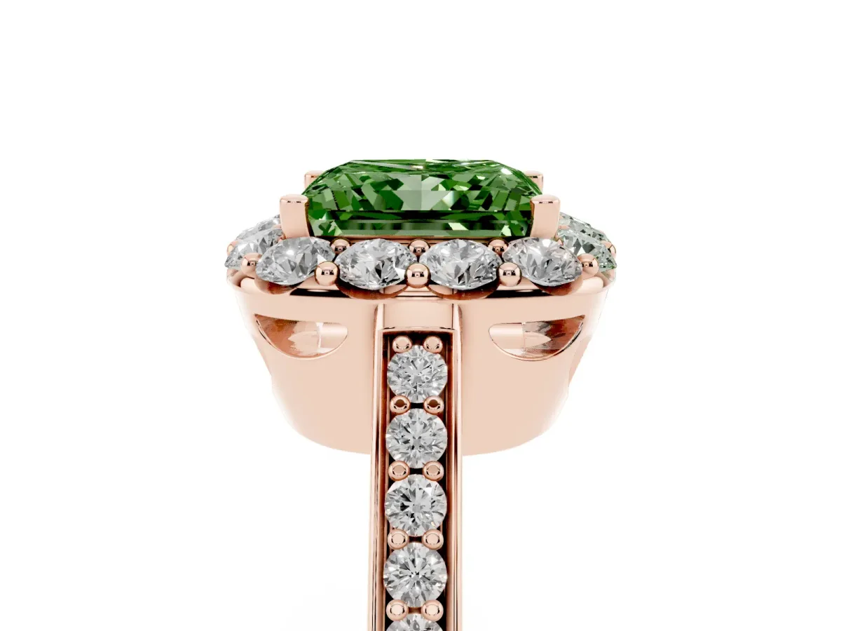 Fancy Green Princess Cut Diamond Floral Halo Ring with Pavé Band and Prong Setting Rose gold