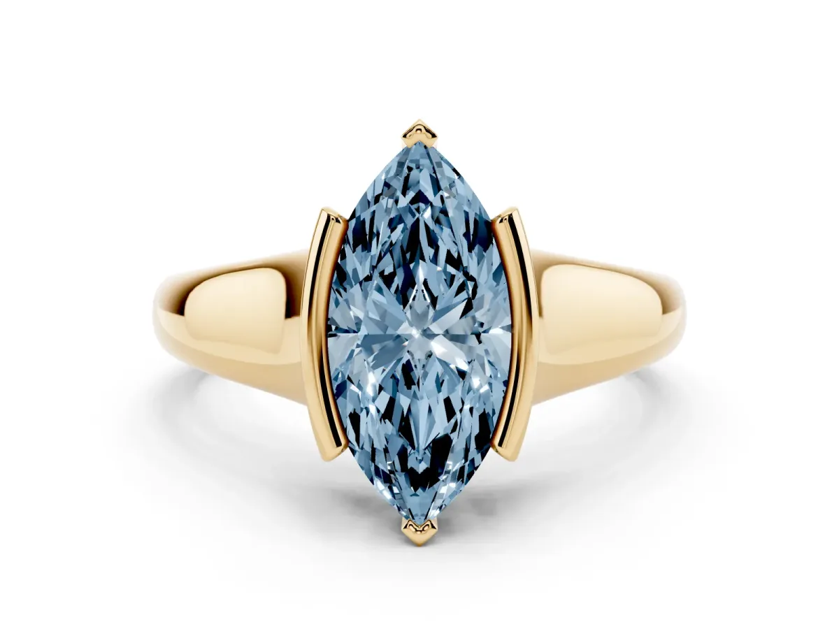 Fancy Blue Marquise Cut Solitaire Tension Set Diamond Ring with Split Shank Band Yellow gold