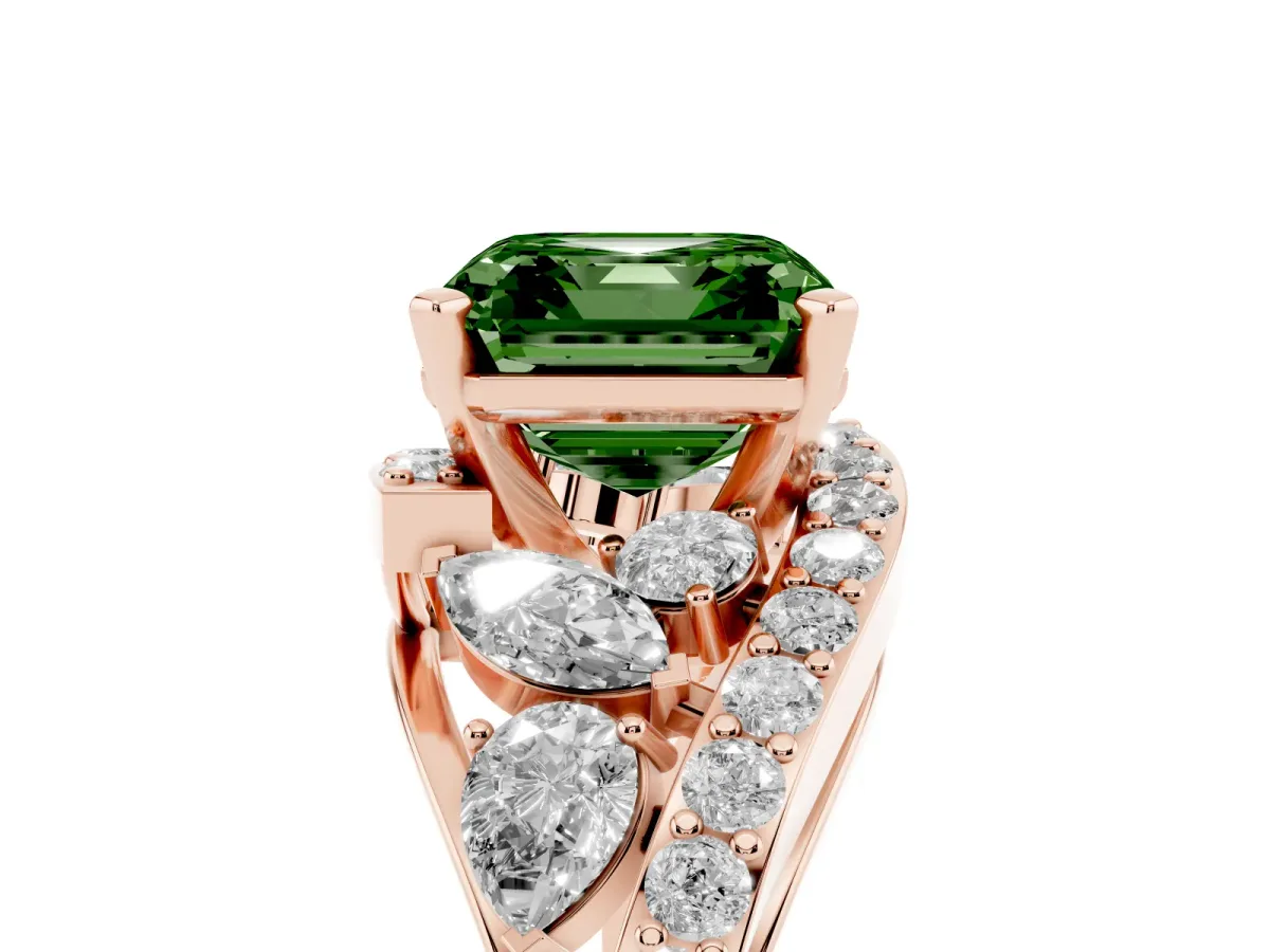 Fancy Green Asscher Cut Diamond Halo Ring with Marquise and Pavé Band in Prong Setting Rose gold