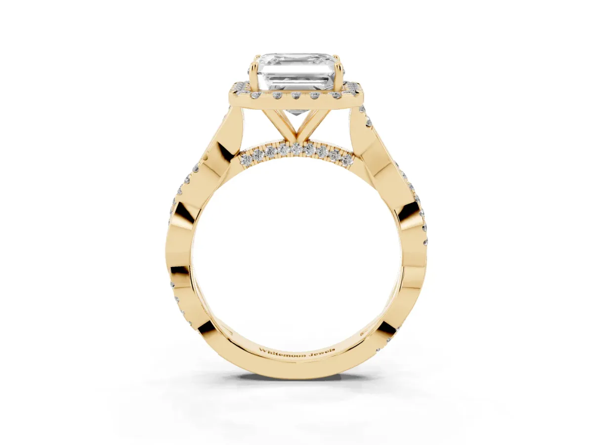 Asscher Cut Halo Twist Band Solitaire Ring Yellow gold